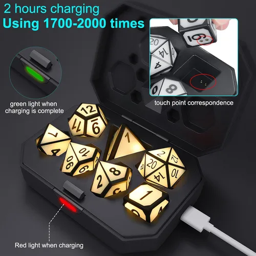 Vista 2 de HTPOW Juego de dados LED DND, 7 dados poliédricos USB recargables para RPG Blanco cálido