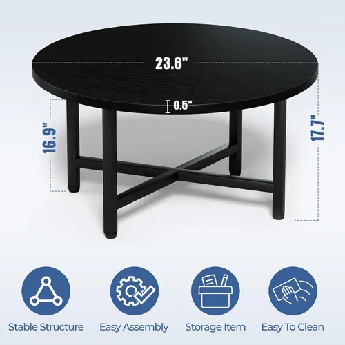 Vista 3 de Mesa de Centro, Mesas de Centro Pequeñas de 23.6", Mesas de Centro Redondas Negras para Sala de Estar, Mesa de Piso para Sentarse en el Suelo, Mesa