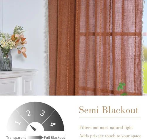 Vista 3 de Cortinas bohemias de color naranja quemado, cortinas rústicas de terracota para sala de estar, 2 paneles de 63 pulgadas de largo, de lino