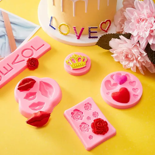 Vista 4 de 6 moldes de silicona para el día de San Valentín para chocolate, fondant, labios, corazón, rosa, flor, amor, corona, dulces, pasteles, cupcakes