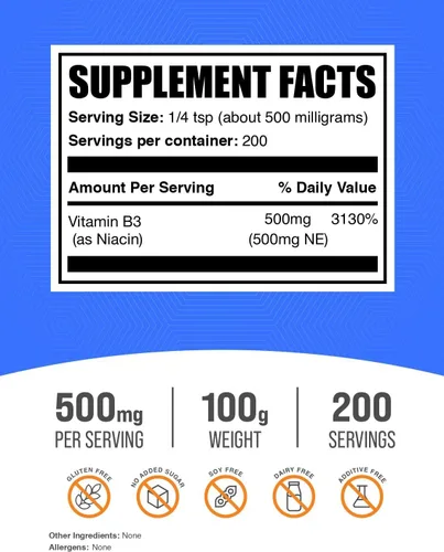 Vista 2 de BulkSupplements. com Niacina en polvo – Suplemento de vitamina B3, Niacina Flush – Sin gluten, 500 mg por porción, 100 g (3.5 oz) (paquete de 1)
