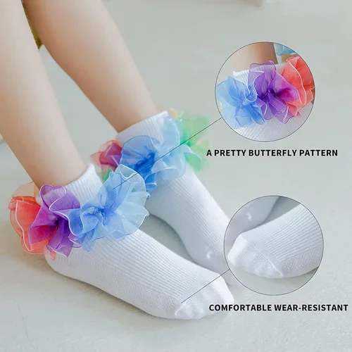 Vista 4 de Toddler Girls Socks with Rainbow Lace Ruffle Trim Cotton Baby Socks Frilly Dress Socks for Little Girls