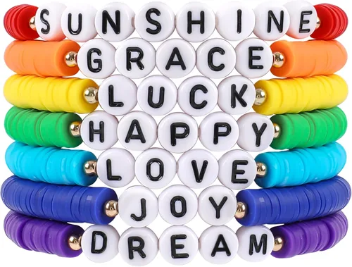 Vista 13 de Juego de pulseras heishi arcoíris estilo surfista para mujer, juego de pulseras apilables de cuentas de arcilla, pulseras elásticas con disco