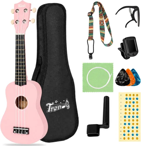 Vista 9 de Trendy Ukelele soprano de 21 pulgadas negro kit para principiantes bolsa de transporte afinador correa de cuerda cuadrada diapasón pegatinas ukelele