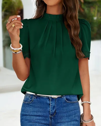 Vista 2 de BTFBM Blusas de cuello alto falso para mujer, elegantes y casuales Verde oscuro