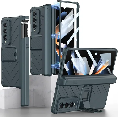 Vista 10 de Miimall Funda compatible con Samsung Galaxy Z Fold 4 con soporte para bolígrafo, protector de pantalla de vidrio templado integrado + función atril