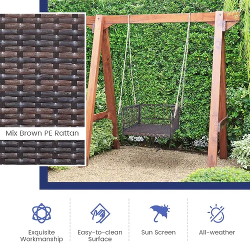 Vista 5 de HAPPYGRILL Silla de columpio para porche, asiento colgante tejido de ratán con cuerdas para colgar, ganchos de cojines, banco colgante de mimbre