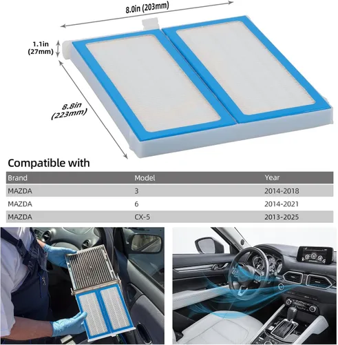 Vista 3 de CF11811 - Filtro de aire de cabina compatible con Mazda 3 (14-18), 6 (2014-2021), CX-5 (2013-2025) reemplaza #KD4561J6X, KR1161J6X, MP111KD45 Filtro