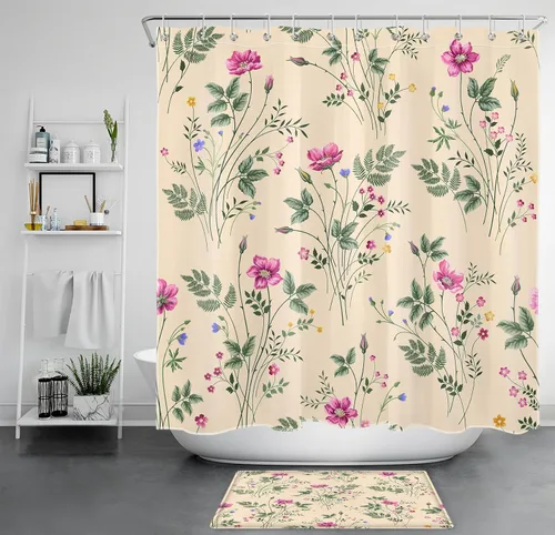 Vista 10 de Cortina de ducha floral rosa para baño, flores silvestres y hojas verdes salvia sobre beige, cortinas de ducha con ganchos, juego de cortinas