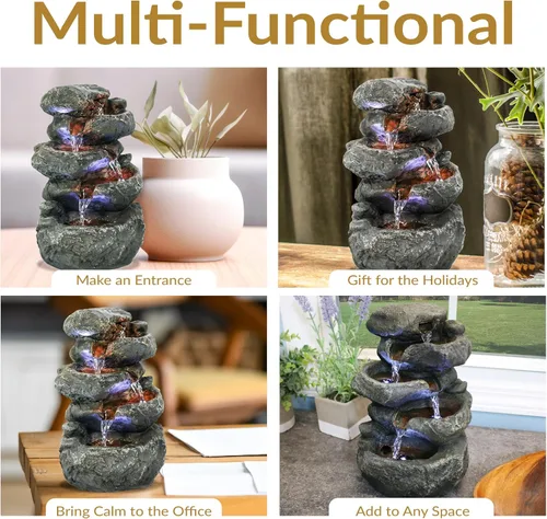 Vista 4 de sunnydaze Stacked Rocas mesa Fuente de agua con luces LED, 10.5 inch Rock Water Fountain with Calm Sounds for Meditation, Indoor Desk Water
