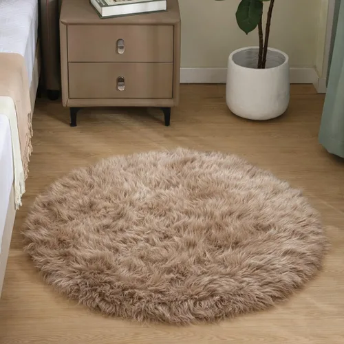 Vista 32 de Goolela Alfombra esponjosa de piel sintética para dormitorio, color marrón claro beige, 2 x 3 pies, alfombra de piel de oveja peluda y difusa