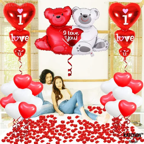 Vista 7 de KatchOn, Juego de globos I Love You, grande, paquete de 2043, juego de globos de oso de peluche grandes, pétalos de rosa rojos, globos de San