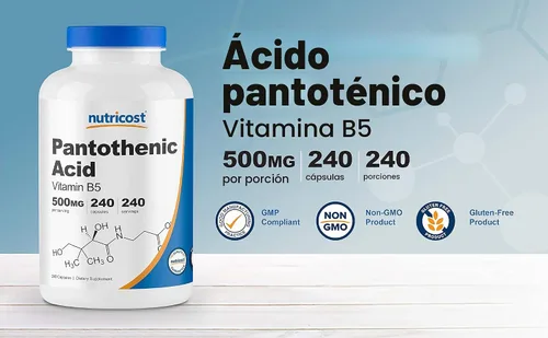 Vista 4 de Nutricost Ácido pantoténico (vitamina B5) 500 mg, 240 cápsulas (2 botellas)