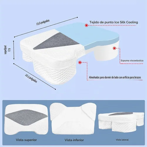 Vista 6 de Almohada para dormir de lado con orificios para los brazos, almohada de espuma viscoelástica para alivio del dolor cervical, cuello y hombros Gris