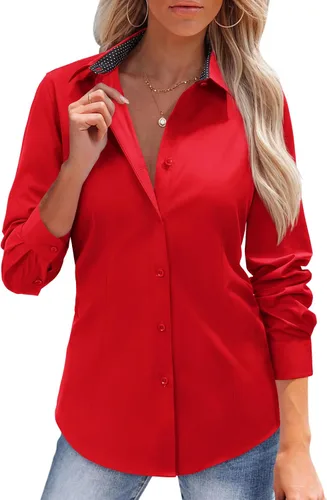 Vista 9 de siliteelon Camisas con botones para mujer, camisas de vestir de algodón de manga larga para mujer, sin arrugas, blusa de trabajo elástica
