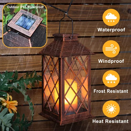 Vista 5 de TAKE ME Linternas solares de 35,6 cm para jardín al aire libre, linterna colgante impermeable con luces LED parpadeantes, sin llama, para mesa, al