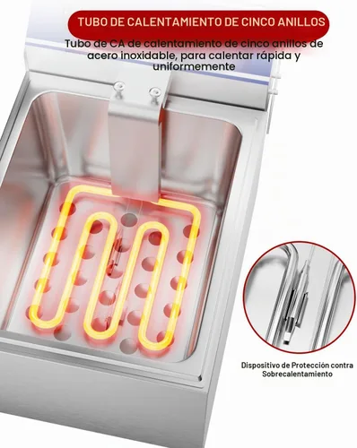 Vista 5 de DULONG Freidora eléctrica comercial, freidora de acero inoxidable para encimera de 10.57/10L con canasta, control de temperatura de 1500 W, freidora