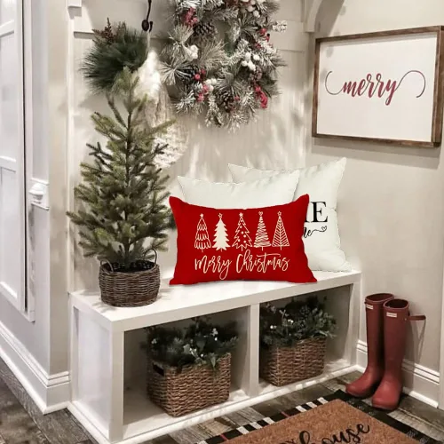 Vista 5 de RABUSOFA Fundas de almohada de Navidad de 12 x 20 pulgadas, almohadas decorativas de árbol de Navidad, fundas de cojín rojas de Navidad para Rojo