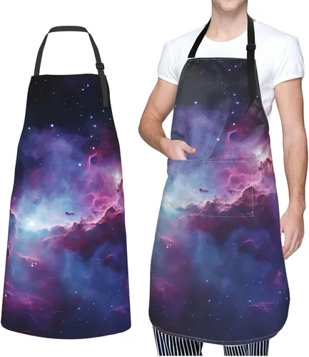 Vista 8 de Delantales de galaxia púrpura y azul para mujer con 2 bolsillos, delantal de cocina para hombres, resistente al agua y al aceite, delantal ajustable