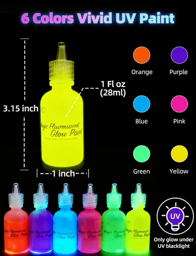Vista 6 de 6 botellas, 28.3 g Pintura UV para el cuerpo brillante con luz negra fluorescente, segura para la piel, lavable, no tóxica, kit de seis