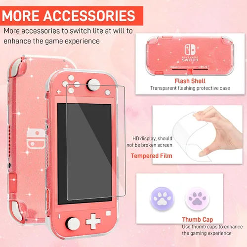 Vista 4 de Pink Travel Carrying Case Accessories for Nintendo Switch Lite Console, Shockproof Portable Carry Case Bundle with Glitter Protective Case, Screen