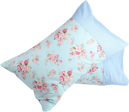 Vista 3 de Paquete de 2 fundas de almohada de algodón para cabello y piel, diseño a cuadros azules y estampado floral, tamaño Queen, súper suaves y acogedoras 3