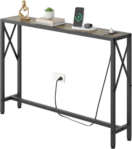 Vista 15 de Gewudraw - Mesa de sofá estrecha de 55.1", mesa consola con tomas de corriente y puertos USB, mesa de entrada, mesa de sofá industrial para pasillo