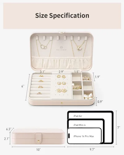 Vista 4 de Vlando Joyero de viaje para mujer, organizador de joyas de cuero portátil, para collares, aretes, anillos, pulseras, tamaño pequeño, regalos