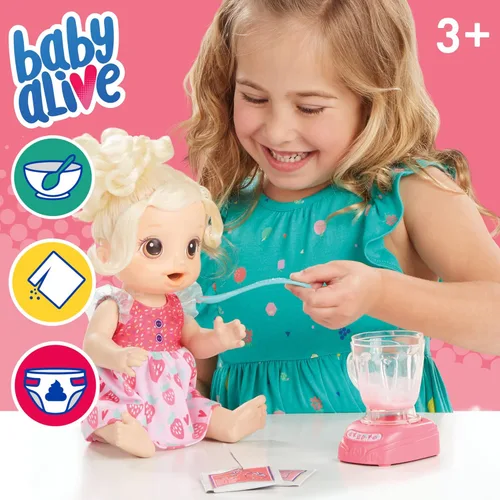 Vista 2 de Baby Alive Muñeca Baby Mezcladora Mágica, Batido de Fresa, Muñeca con Licuadora de Juguete, Set de Muñeca Baby para Niños de 3 Años en Adelante