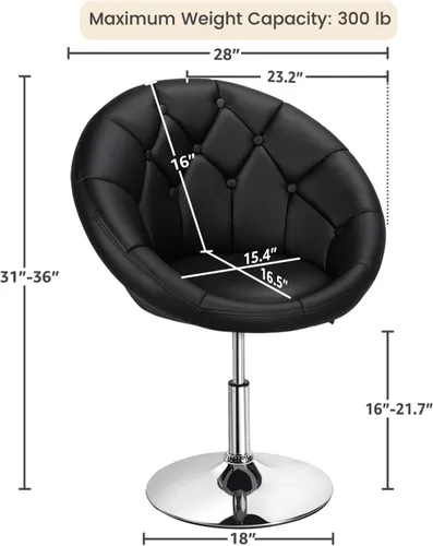 Vista 3 de Yaheetech Silla contemporánea con respaldo tapizado redondo, altura ajustable, giratoria, moderna, para tocador, negra