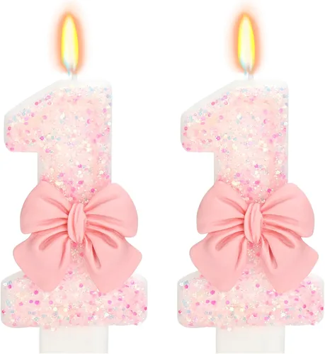 Vista 66 de Vela de cumpleaños para pastel, vela 0 - purpurina rosa con lazo, vela de feliz cumpleaños de 2.76 pulgadas, adorno superior de pastel para fiestas