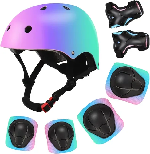 Vista 12 de Casco de bicicleta ajustable con gradiente de color para niños con set de rodilleras y coderas Equipo de seguridad multideporte para niños y niñas