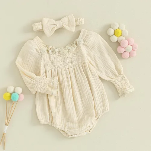 Vista 3 de Baby Girl Outfit Cute Ruffled Romper Long Sleeve Ruched Baby Bodysuit Newborn Baby Girl Clothes