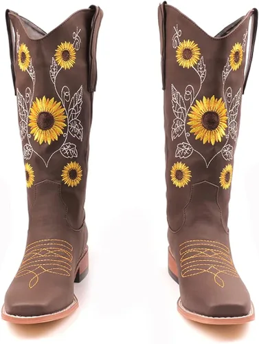 Vista 2 de SO SIMPOK Botas vaqueras bordadas con diseño de girasol dulce para mujer, estilo retro, estilo occidental, tacón grueso a media pantorrilla