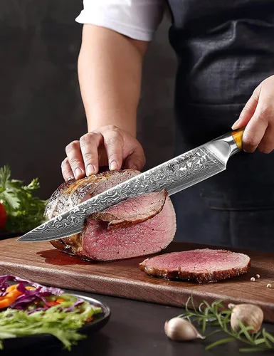 Vista 2 de Cuchillo para cortar carne de acero Damasco VG10 de 9 pulgadas, mango naranja de fantasía de resina