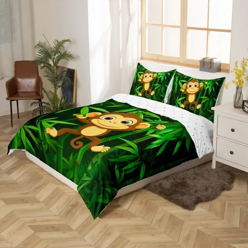 Vista 5 de Erosebridal Juego de funda de edredón con diseño de hojas y mono para niños, funda de edredón de animales divertidos, tamaño individual para niños
