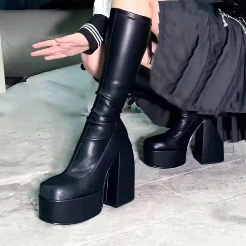 Vista 7 de Botas altas hasta la rodilla para mujer, tacón alto, punta redonda, cremallera lateral, estilo punk, botas de combate para mujer