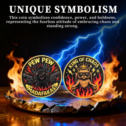 Vista 2 de Pew Pew Cat Challenge Coin – Rey del Caos Gato genial con corona Medallón único con diseño de fuego y relámpago Regalo divertido