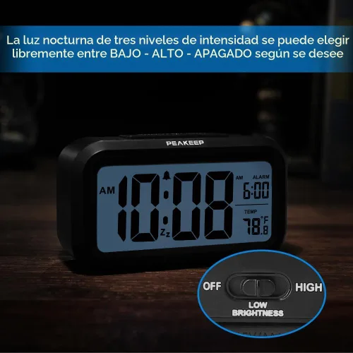 Vista 6 de Reloj despertador digital con luz nocturna Peakeep Temperatura interior con pilas Pequeño reloj inalámbrico lindo para dormitorio, escritorio