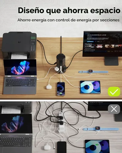 Vista 7 de Regleta de alimentación con protector de sobretensión de torre, JACKYLED 16 tomas 6 USB (2 USB C) estación de carga, cable de extensión con Negro