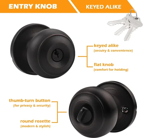 Vista 5 de Gobrico Juego de cerradura redonda de 3 llaves iguales para puerta de entrada, bronce aceitado