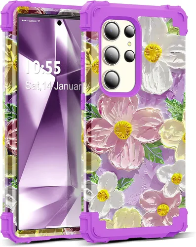 Vista 24 de Funda para Galaxy A14 5G Case, Patrón Floral 3 en 1 Protección Resistente de Servicio Pesado a Prueba de Golpes Parachoques de Goma de Silicona