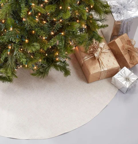 Vista 5 de SARO LIFESTYLE Falda de lino para árbol de Navidad – Colección Toscana – Natural con ribetes dorados – Decoración clásica de granja navideña, 56