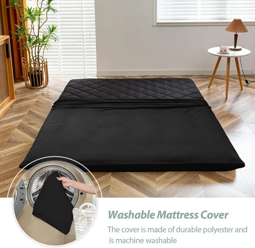 Vista 4 de MAXYOYO Colchón de suelo tipo futón japonés, cubrecolchón extra grueso para cama individual, enrollable, plegable, esterilla única, patrón de Negro