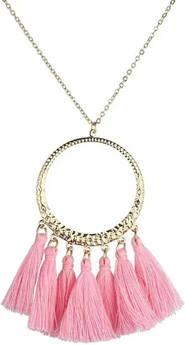 Vista 6 de KAZANA Conjunto de 5 piezas de joyería de moda larga borla collar de mujer círculo redondo dorado Boho Vintage declaración flecos collar bohemio