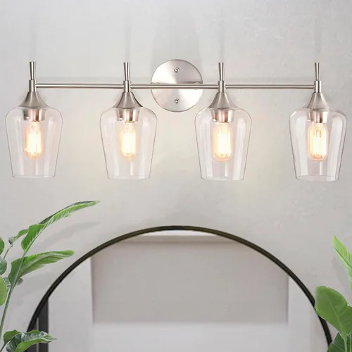 Vista 9 de Edvivi Lámpara de tocador de baño de 1 luz, níquel cepillado moderno con pantalla de vidrio transparente, apliques de pared para espejos, Latón