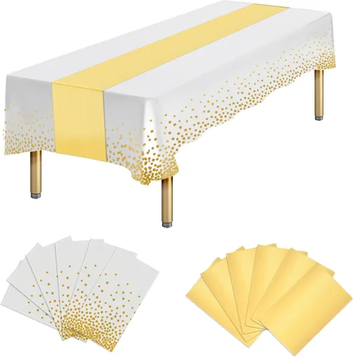 Vista 11 de Paquete de 12 manteles rectangulares de plástico negro desechables y satinados, mantel rectangular negro y dorado para cumpleaños, aniversario