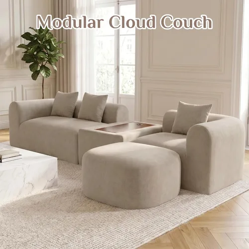 Vista 9 de Sofá de nube curva de 120 pulgadas, sofá seccional en forma de L con mesa Marrón claro