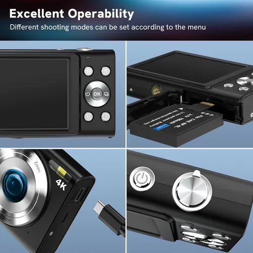 Vista 4 de Cámara digital 4K, enfoque automático, 48 MP, cámara de vlogging HD 16X, cámara digital con zoom digital YouTube, portátil, mini cámara compacta