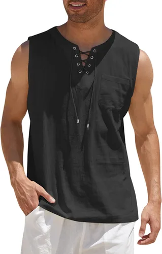 Vista 7 de COOFANDY - Camisetas sin mangas de algodón y lino para hombre, estilo hippie, con diseño de encaje, para la playa, estilo bohemio, renacentista